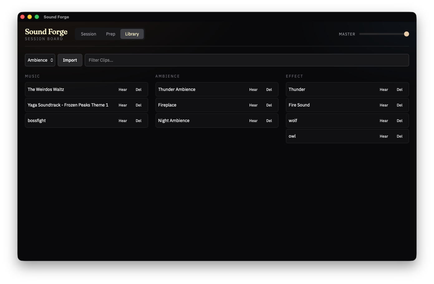 Sound Forge Library: Clips grouped as Music, Ambience, and Effect.
